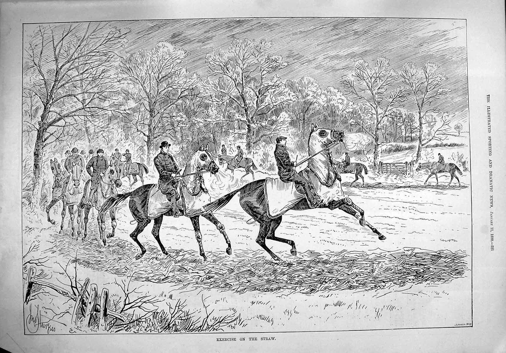 Original Old Antique Print 1890 Race Horses Trainers Exercise Straw Victorian