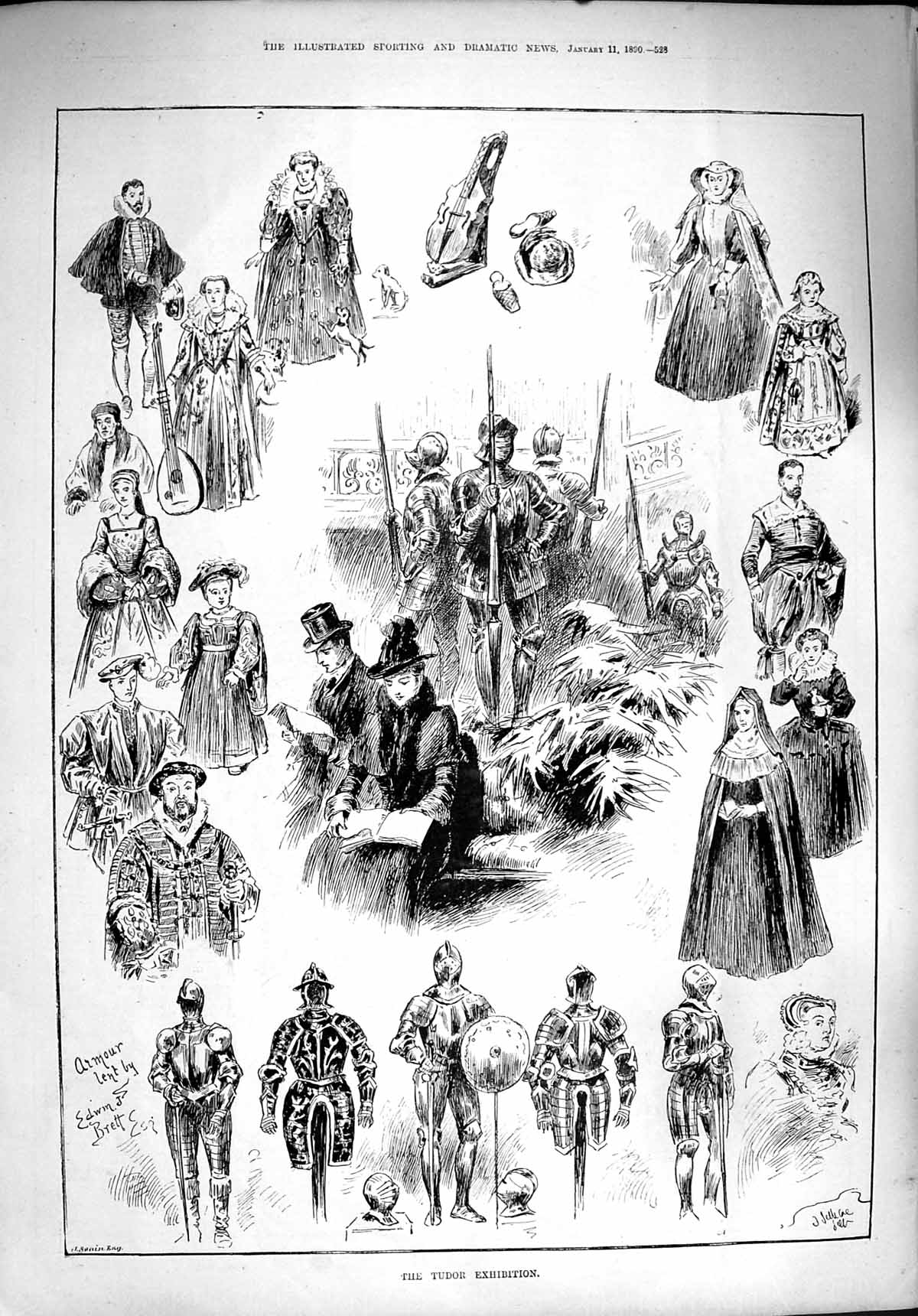 Original Old Antique Print 1890 Tudor Exhibition Armour Costumes 19th