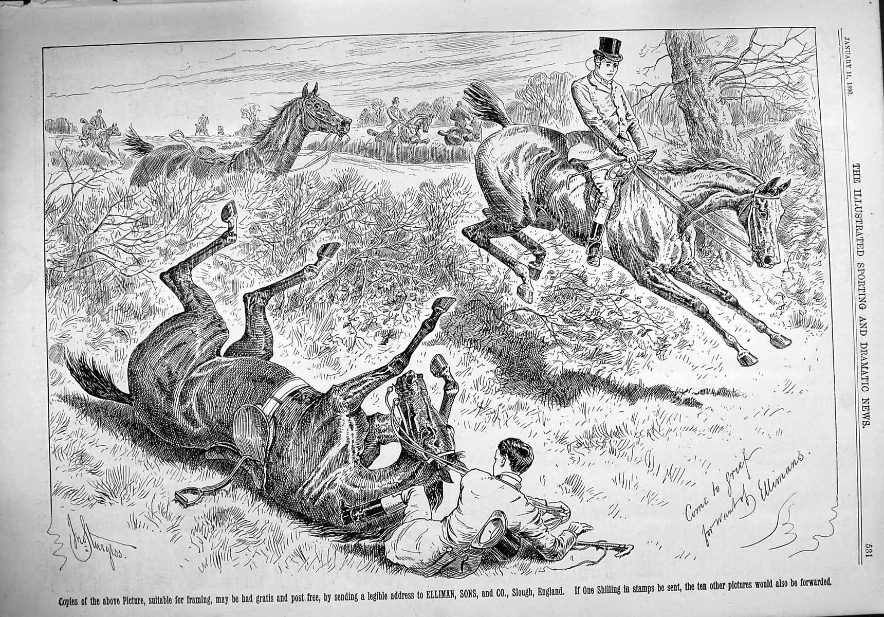 Original Old Antique Print 1890 Advertisement Elliman Horses Jumping Slough