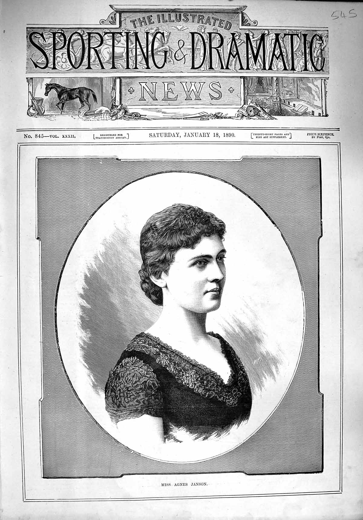 Original Old Antique Print 1890 Portrait Miss Agnes Janson Beautiful Lady 19th