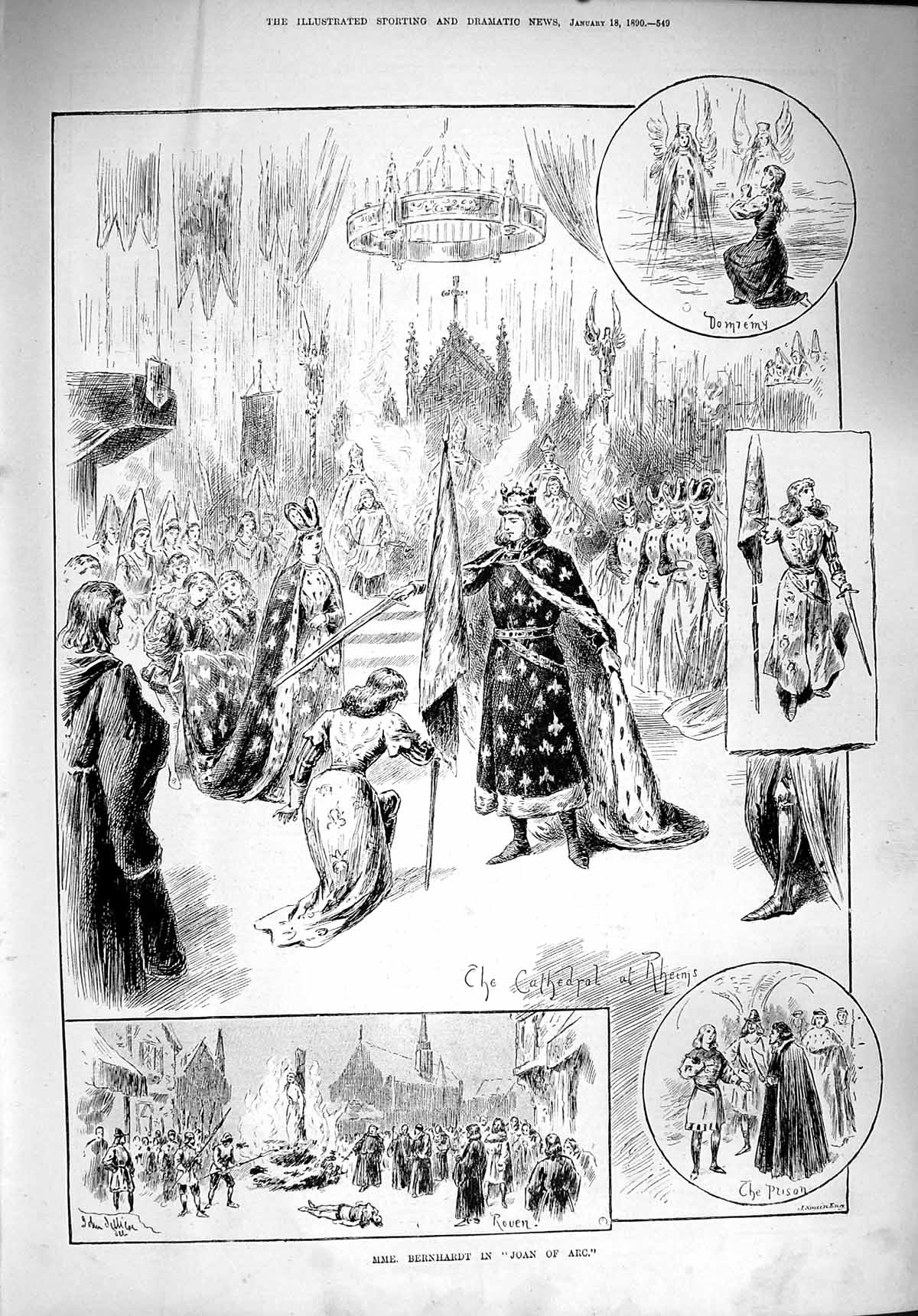 Original Old Antique Print 1890 Bernhardt Joan Arc Theatre Cathedral Rheims