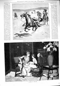 Original Old Antique Print 1890 Cowboys Sport Picking Up Dollar Spelling Lesson