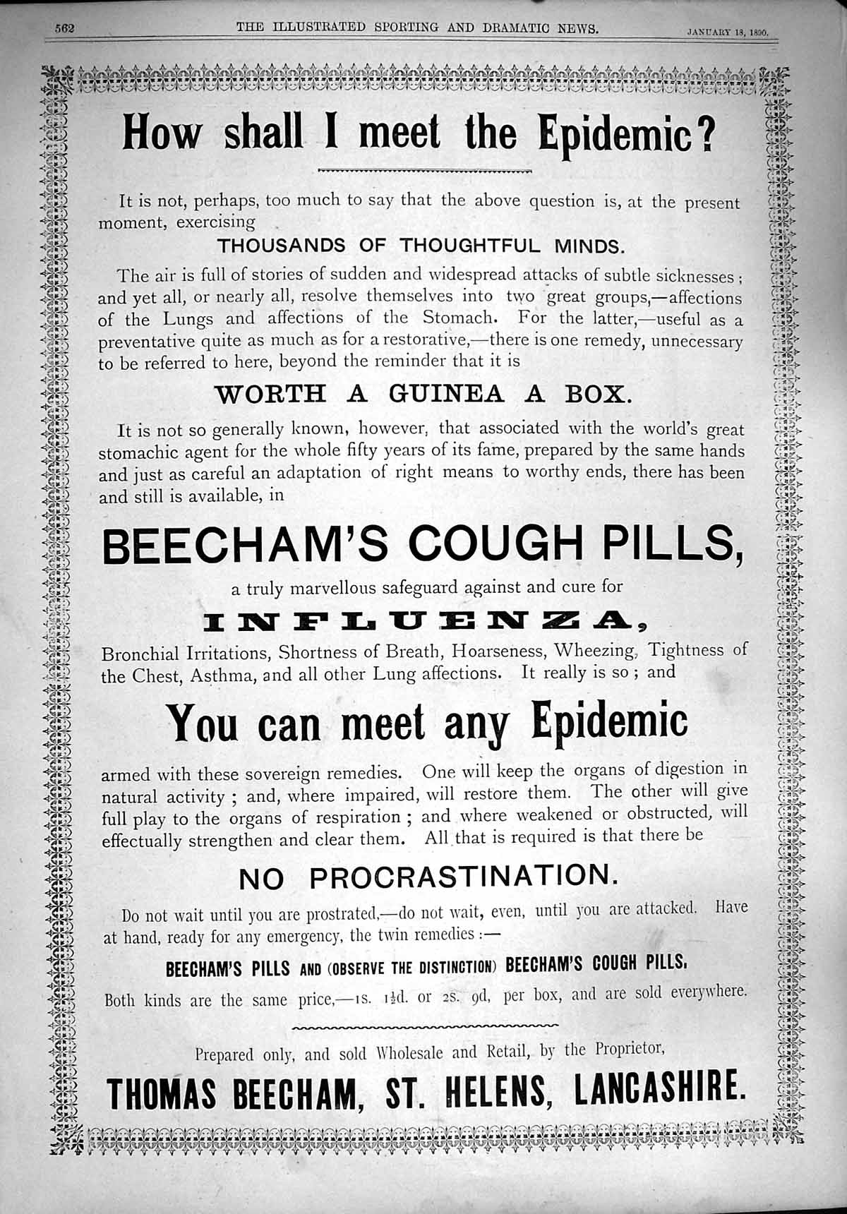 Original Old Antique Print 1890 Advertisement Thomas Beecham Helens Lancashire