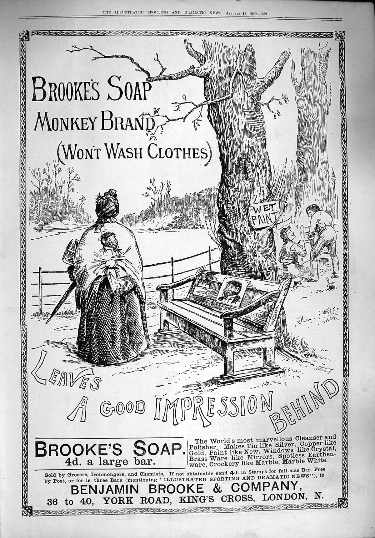 Original Old Antique Print 1890 Advertisement Brooke'S Monkey Brand Soap London