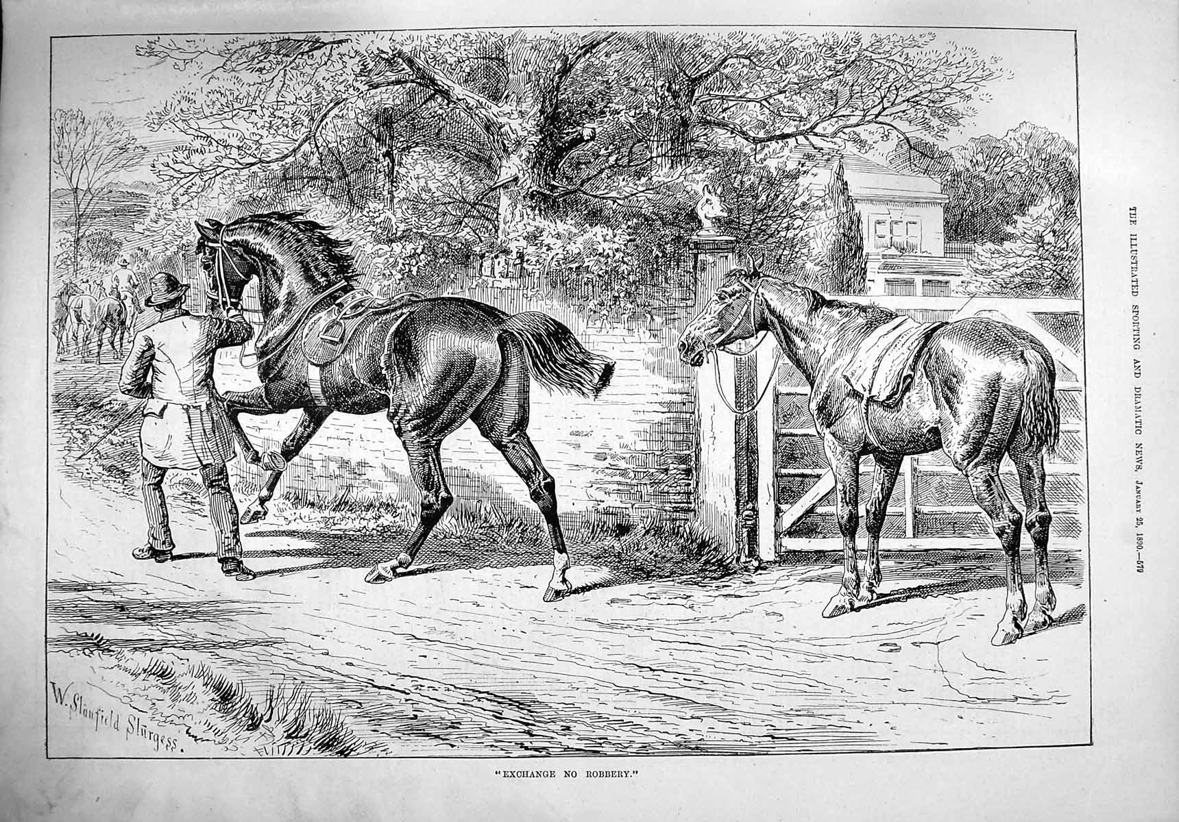 Original Old Antique Print 1890 Exchange Robbery Man Stealing Horse Hunting
