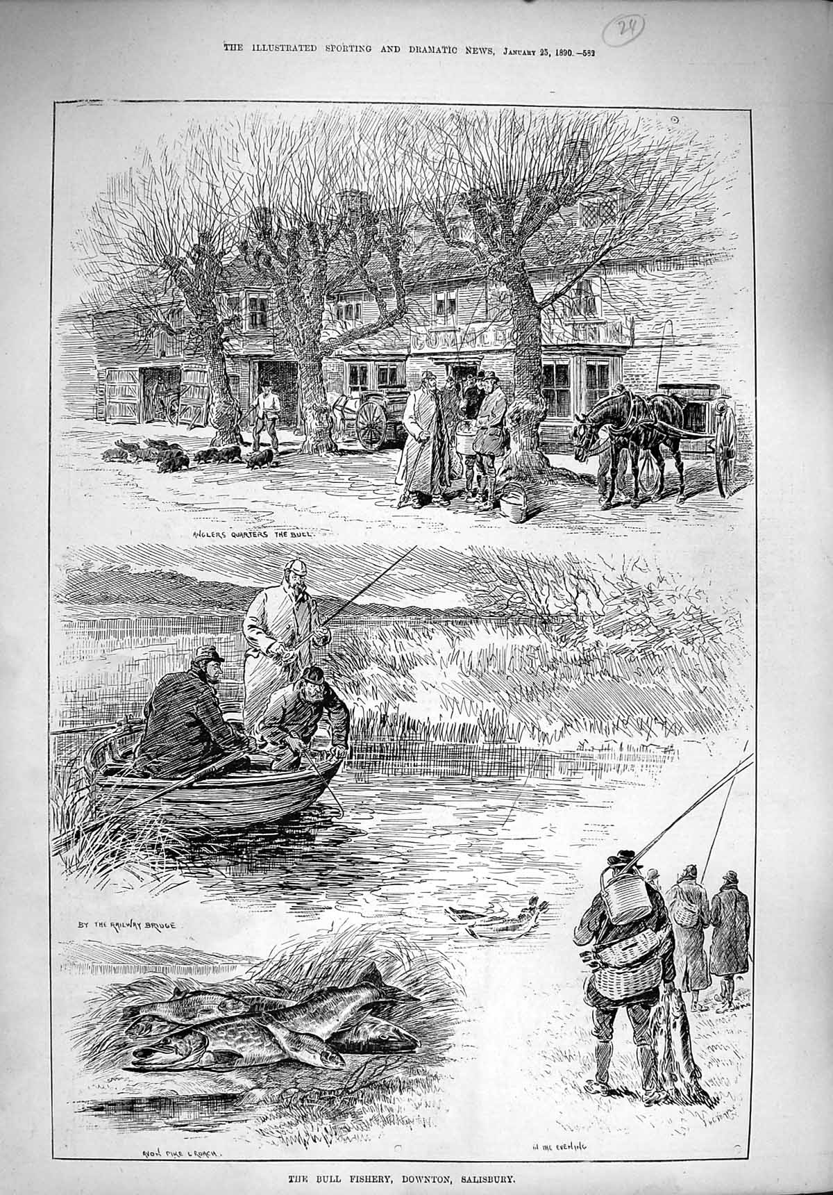 Original Old Antique Print 1890 Bull Fishery Downtown Salisbury River Fishing