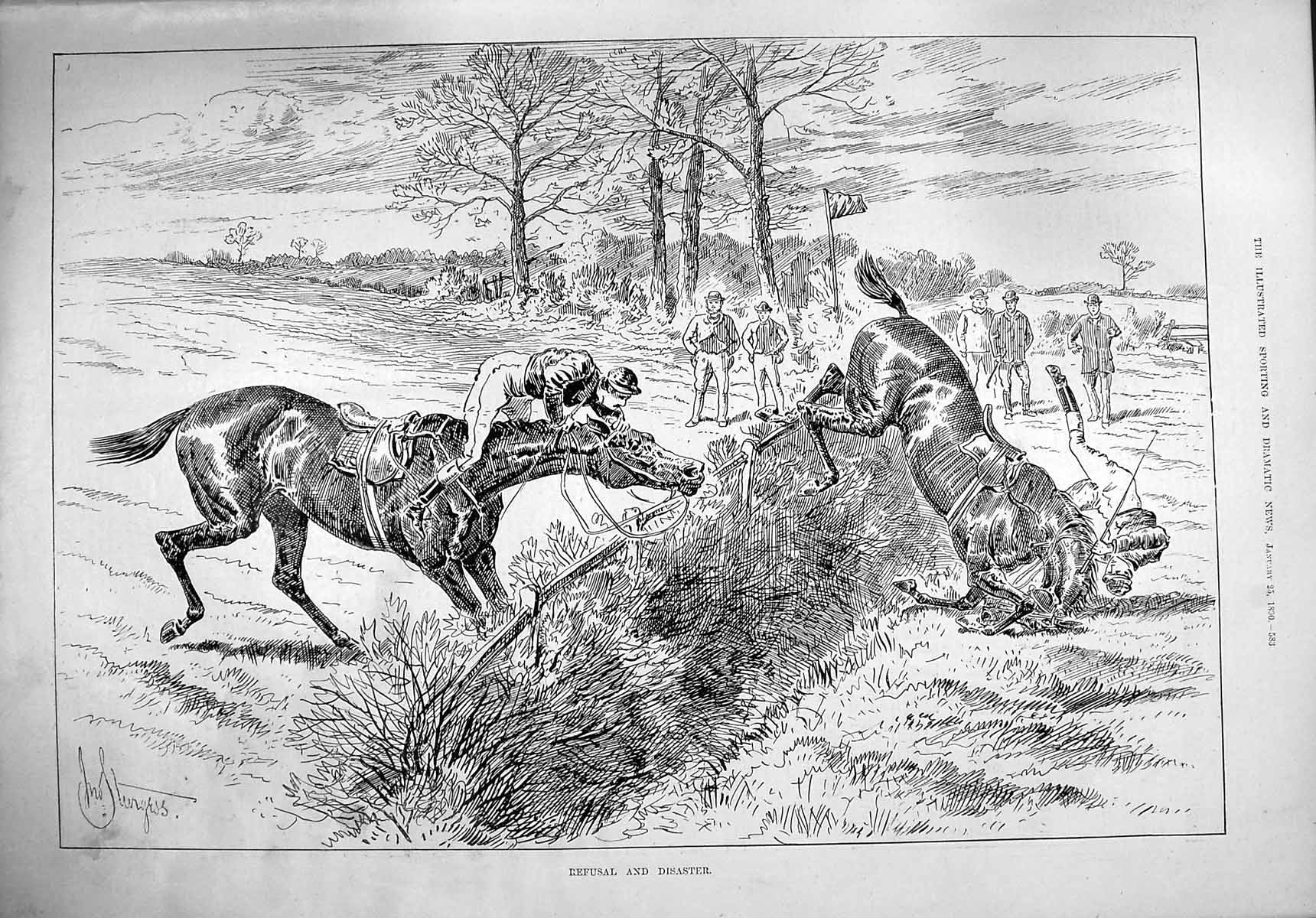 Original Old Antique Print 1890 Refusal Disaster Horses Jumping Ditch Country