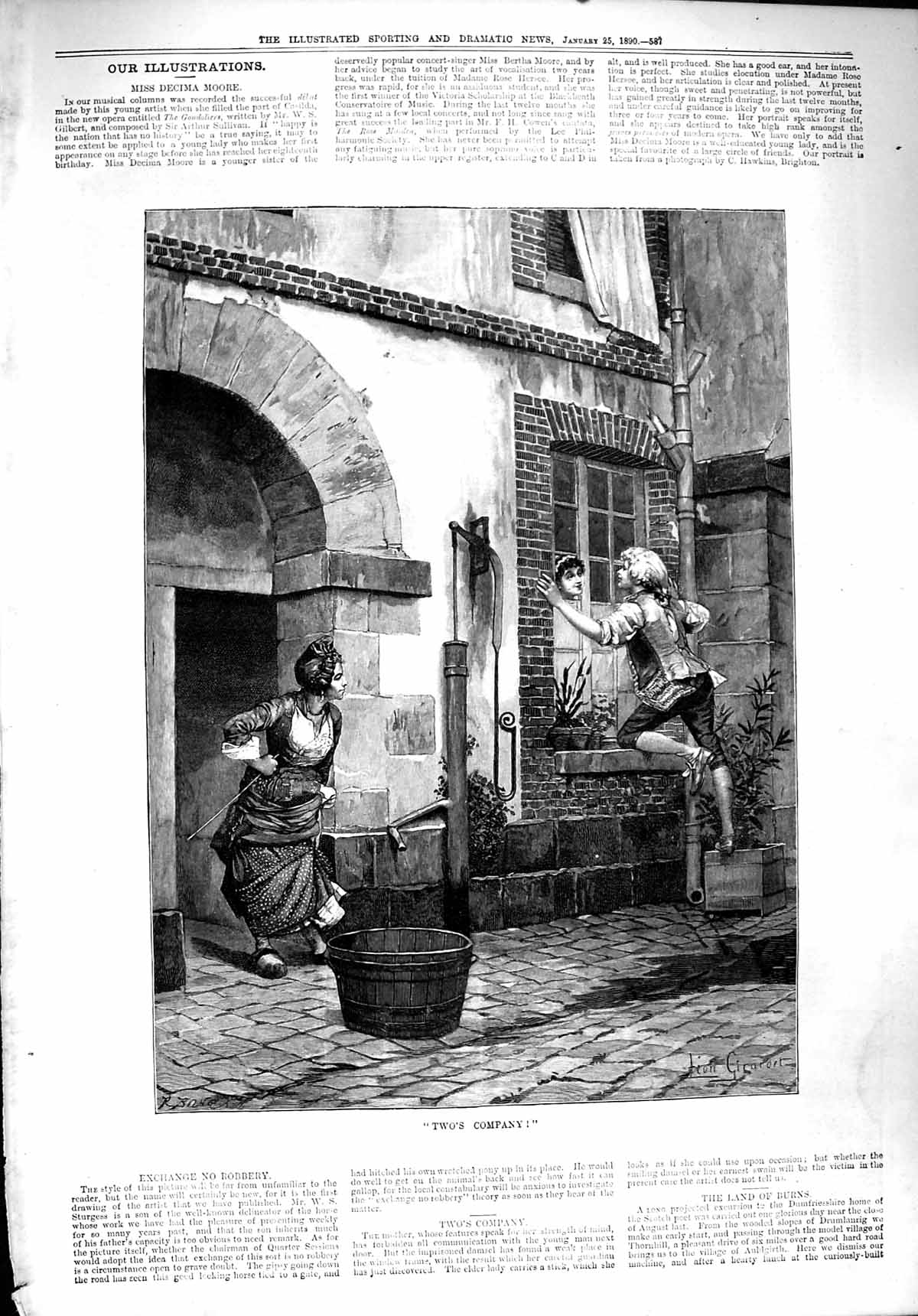 Original Old Antique Print 1890 Two'S Company Romance House Window Fine Art