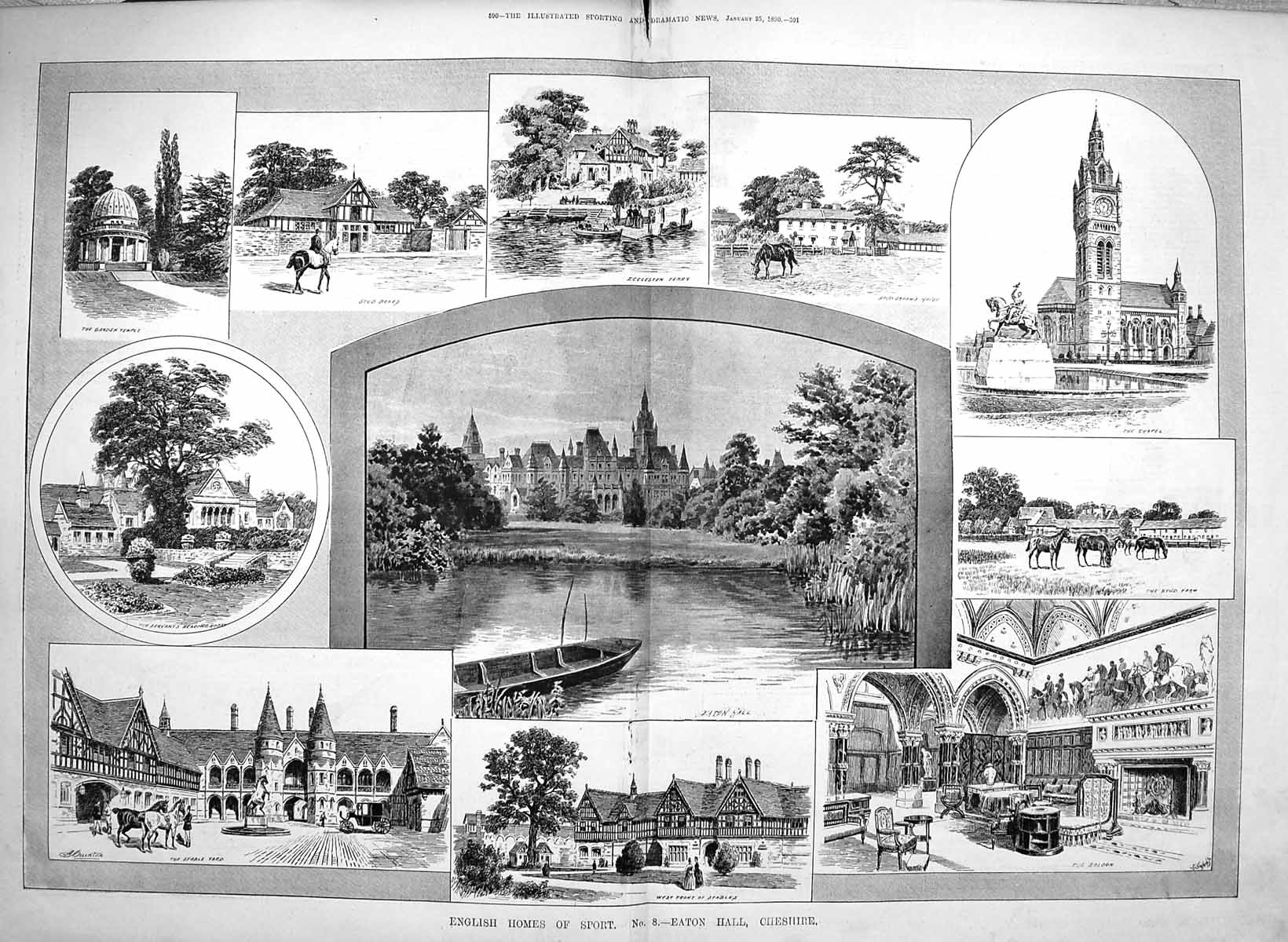 Original Old Antique Print 1890 Eaton Hall Cheshire Stable Yard Architecture