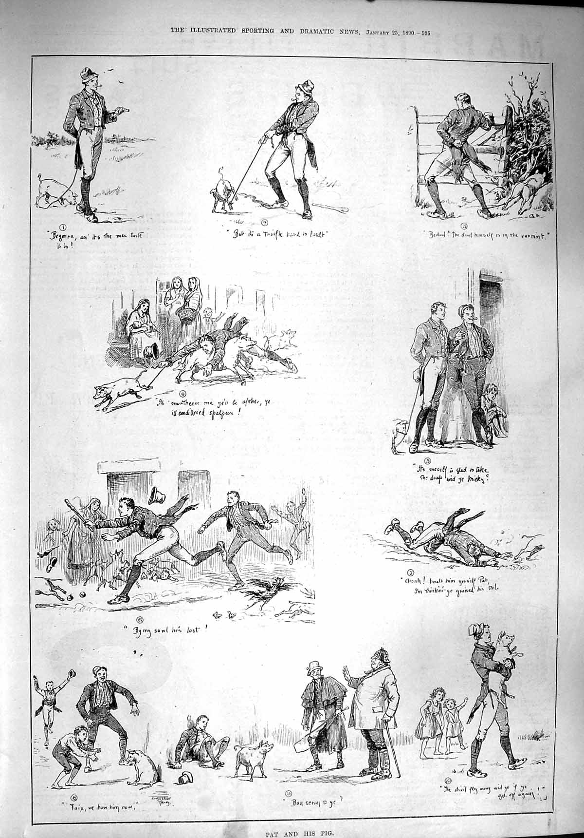 Original Old Antique Print 1890 Pat Pig Comedy Story Countryside 19th
