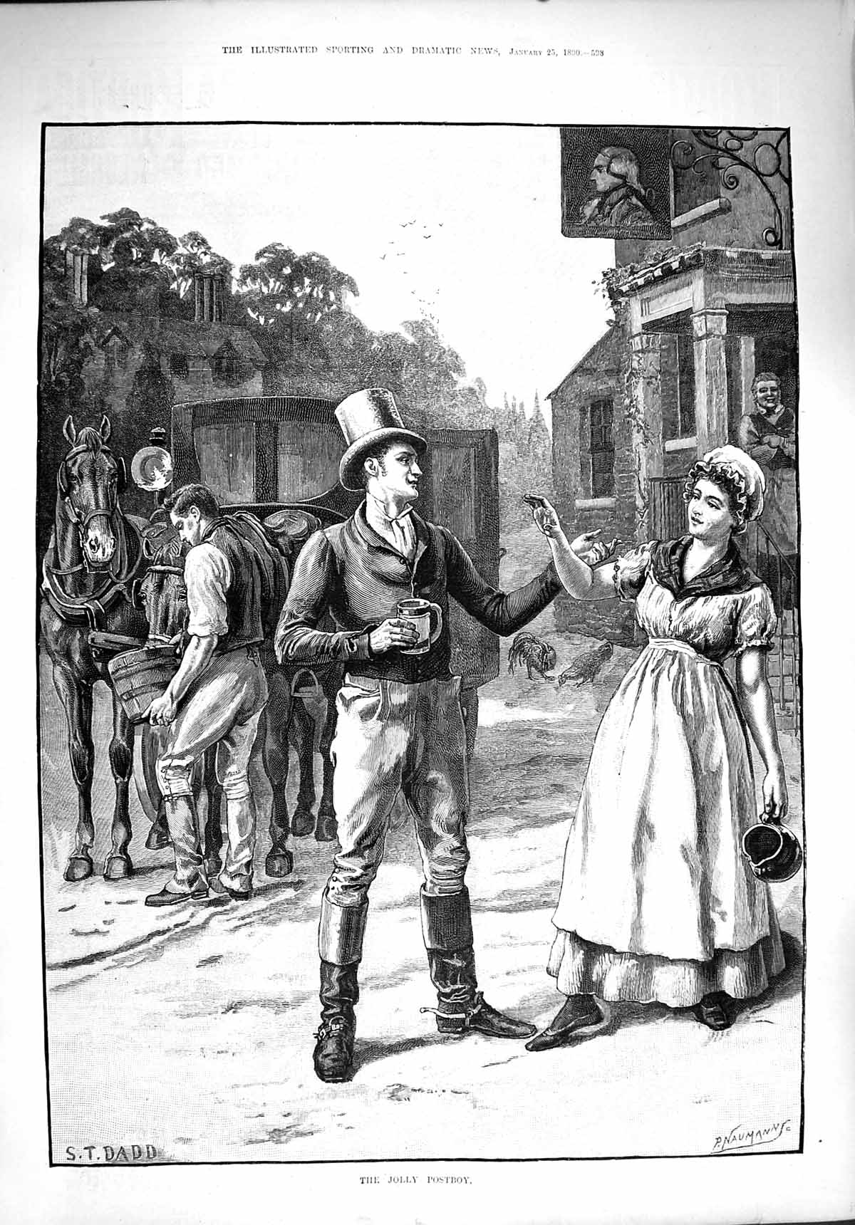 Original Old Antique Print 1890 Jolly Postboy Milk Mais Horses Postvan Dadd