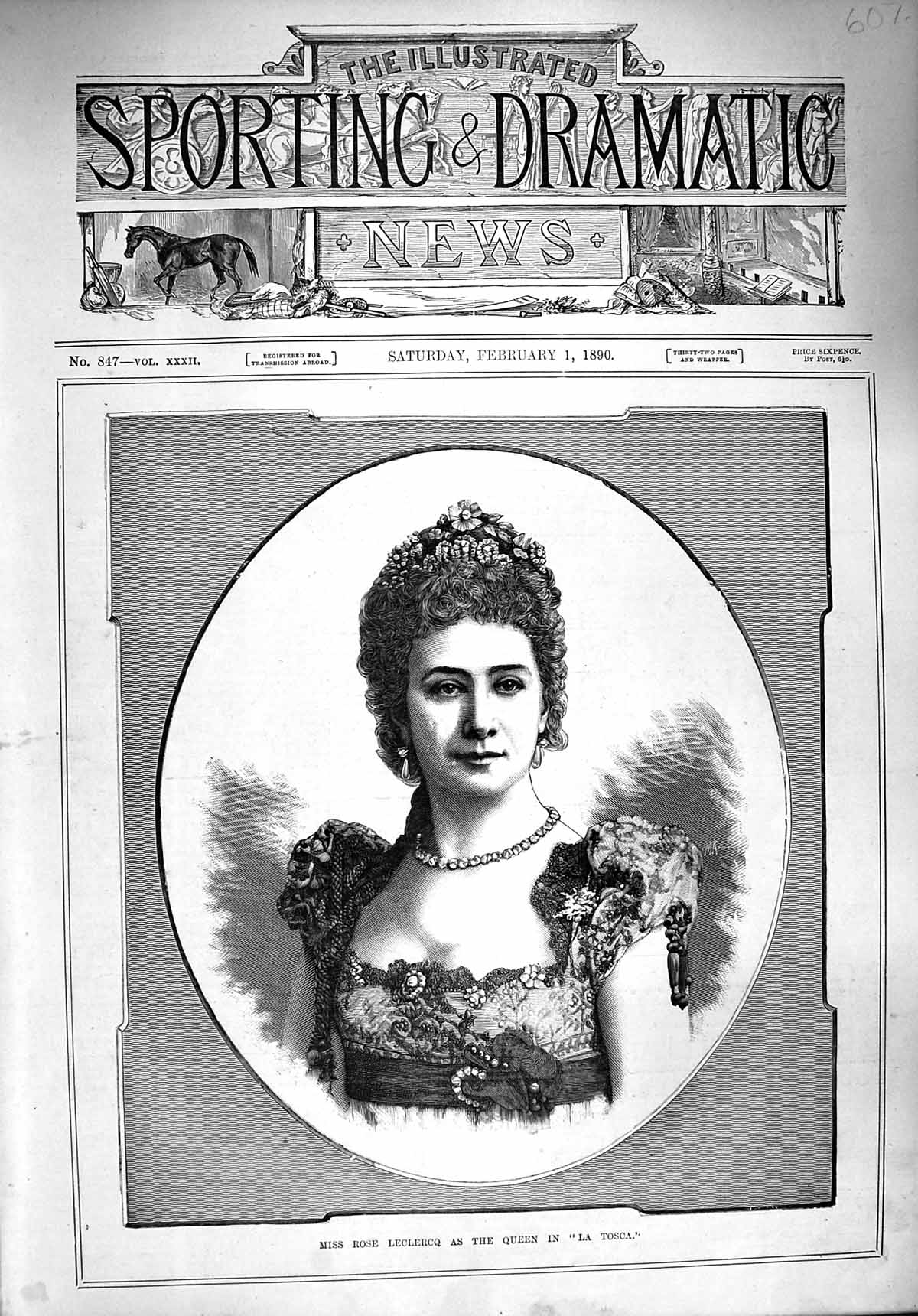 Old Antique Print 1890 Portrait Miss Rose Leclercq Queen La Tosca Theatre 19th