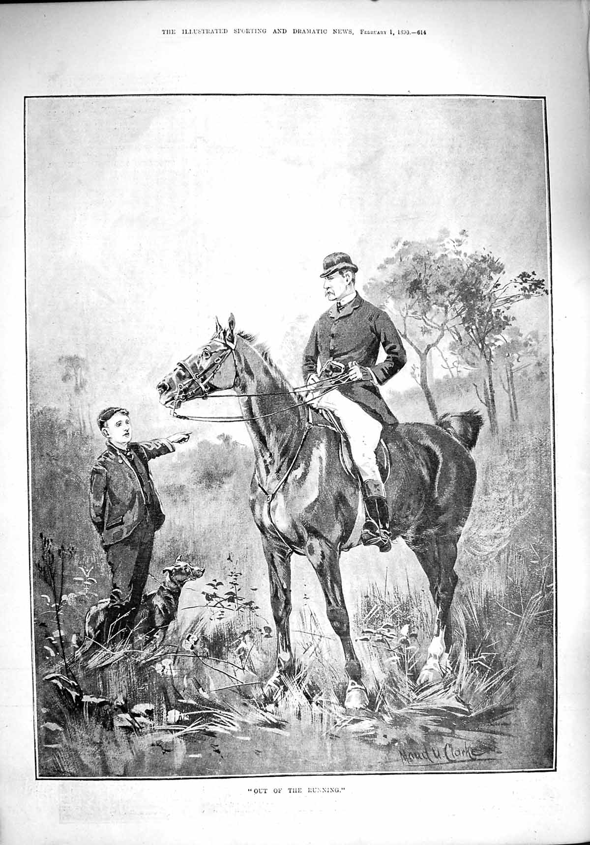 Original Old Antique Print 1890 Lost Huntsman Horse Hunting Young Boy Dog 19th
