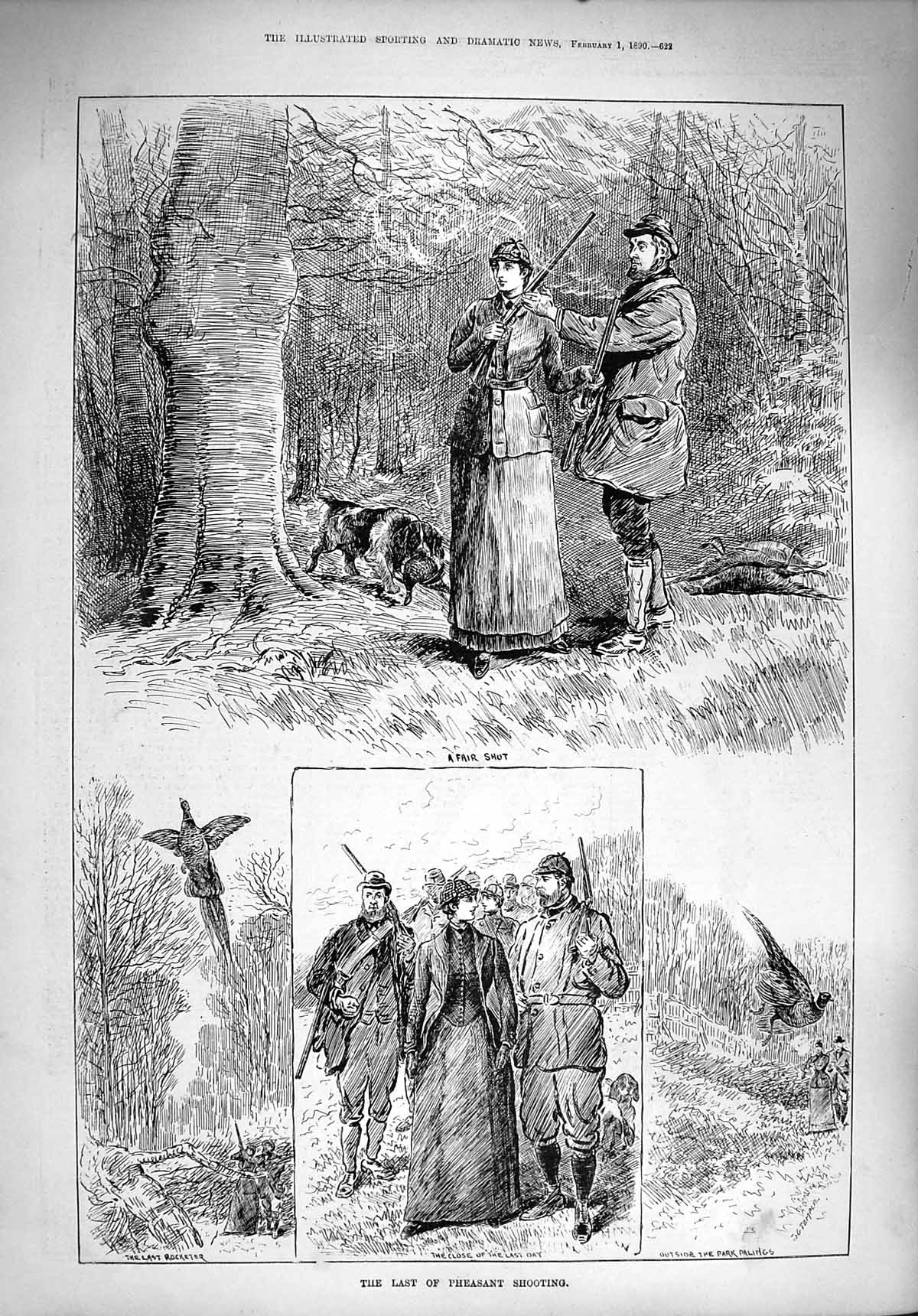 Original Old Antique Print 1890 Pheasant Shooting Hunting Sport Scotland 19th