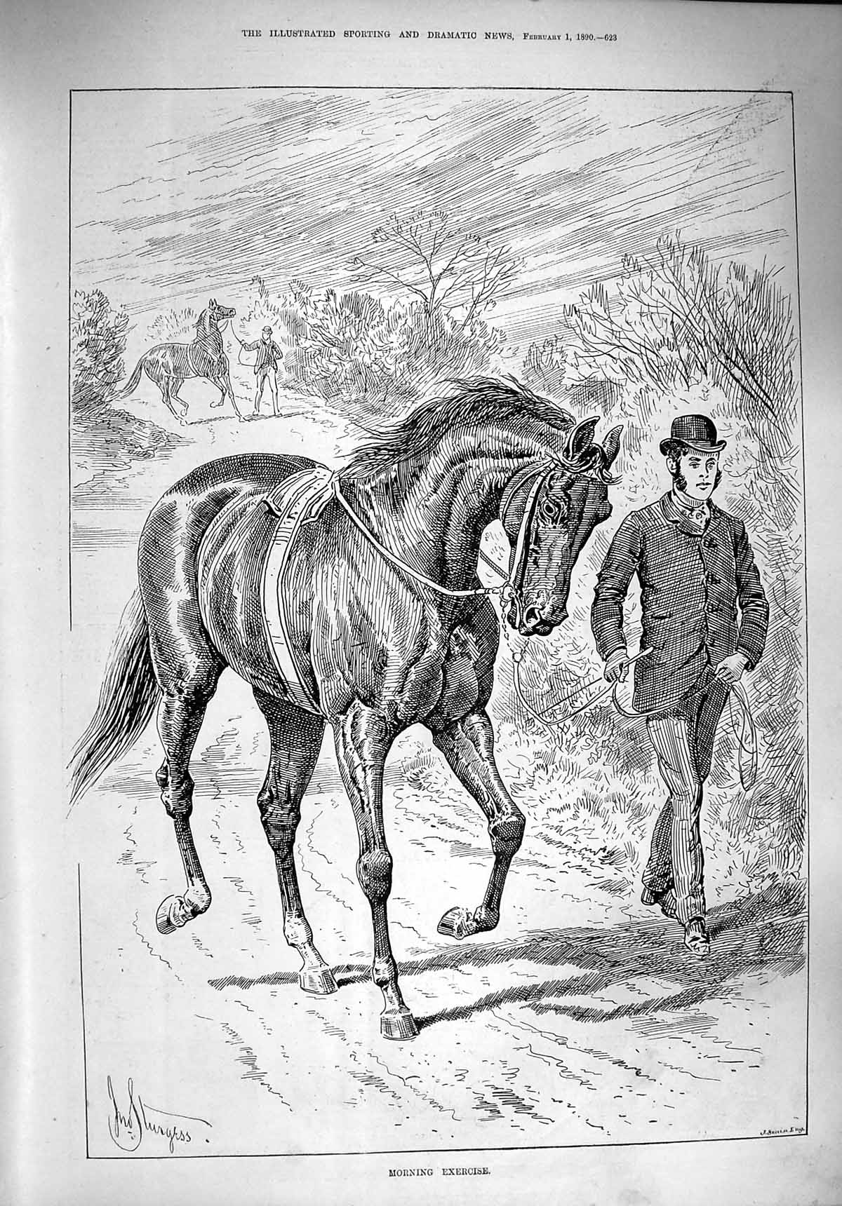 Original Old Antique Print 1890 Morning Exercise Horse Trainers Sport Victorian