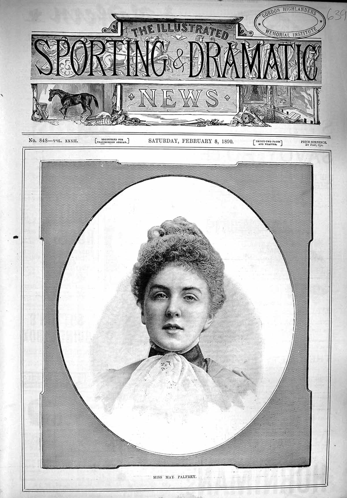 Original Old Antique Print 1890 Portrait Miss May Palfrey Beautiful Lady 19th
