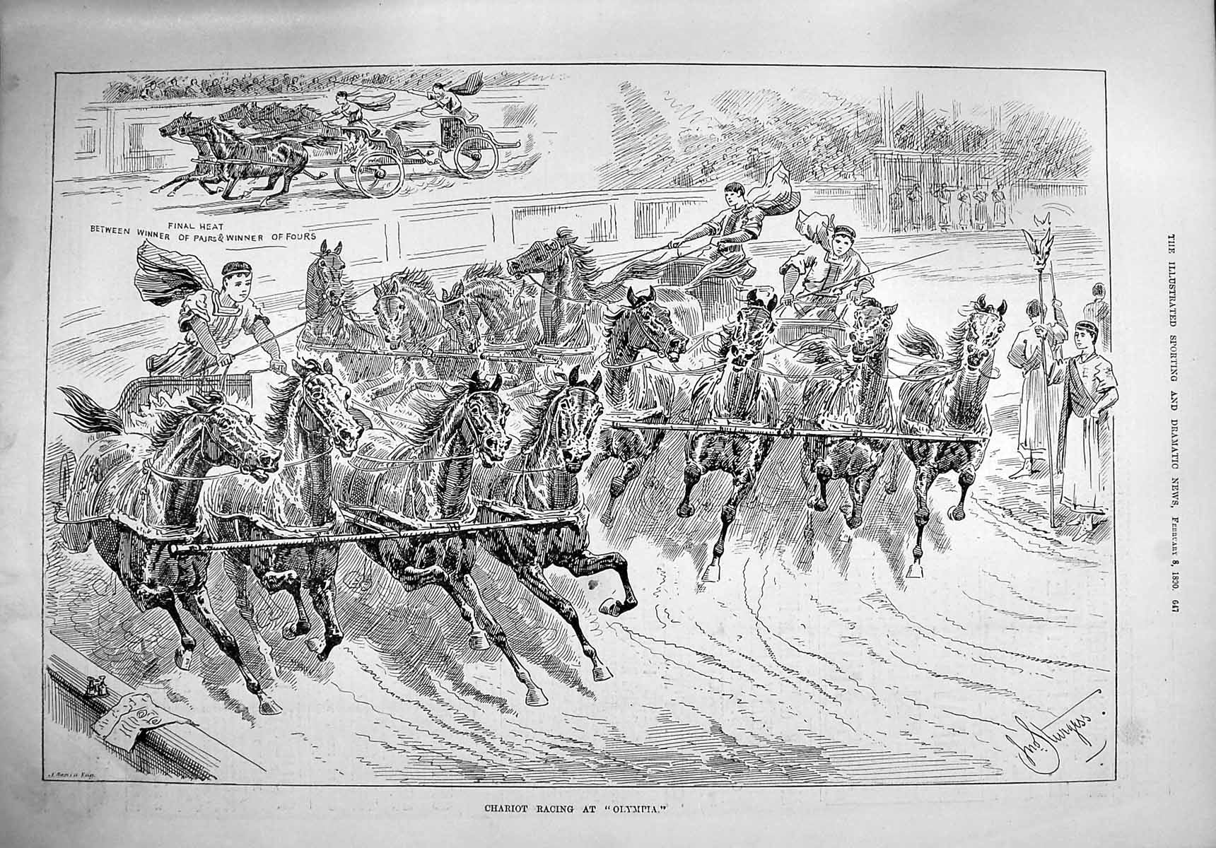 Original Old Antique Print 1890 Chariot Racing Olympia Horses Sport Victorian
