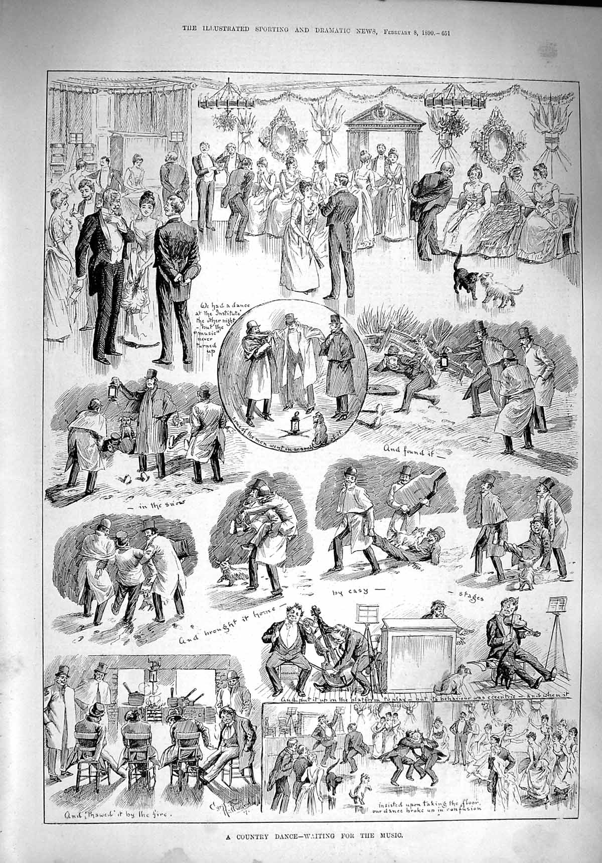 Original Old Antique Print 1890 Country Dance Waiting Music Romance Victorian