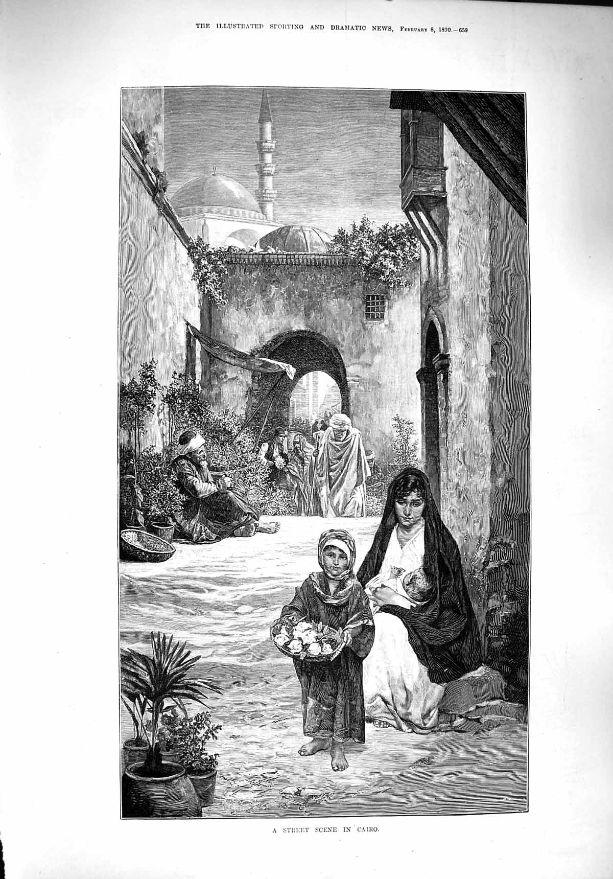 Original Old Antique Print 1890 Street Scene In Cairo Egyptian Family Fine Art