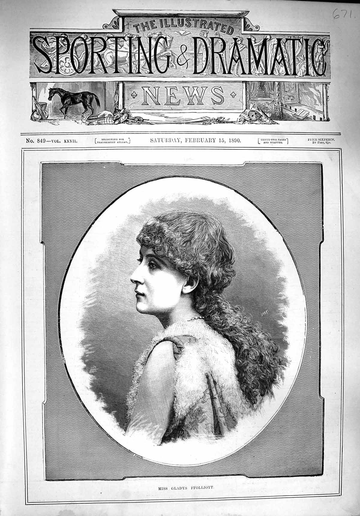 Original Old Antique Print 1890 Portrait Miss Gladys Ffolliott Lady Victorian