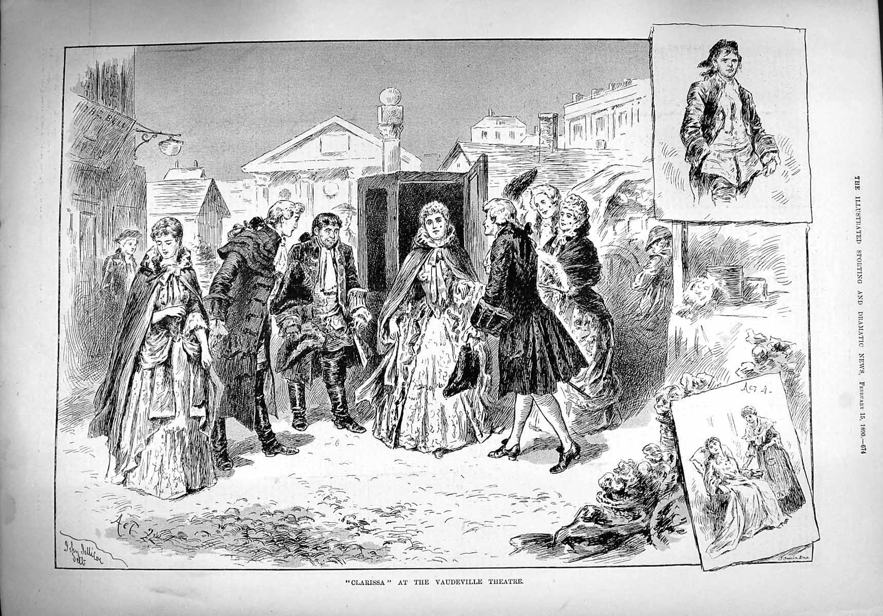 Original Old Antique Print 1890 Clarissa Vaudeville Theatre Scene Actors 19th
