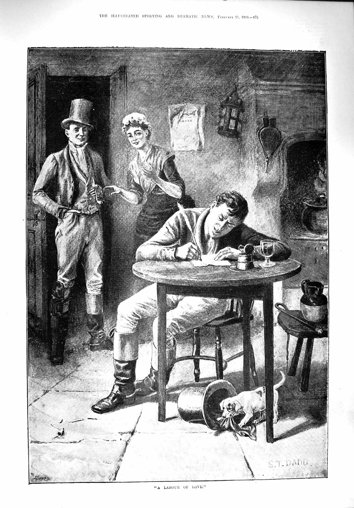 Original Old Antique Print 1890 Labour Love Man Writing Letter Romance Dadd