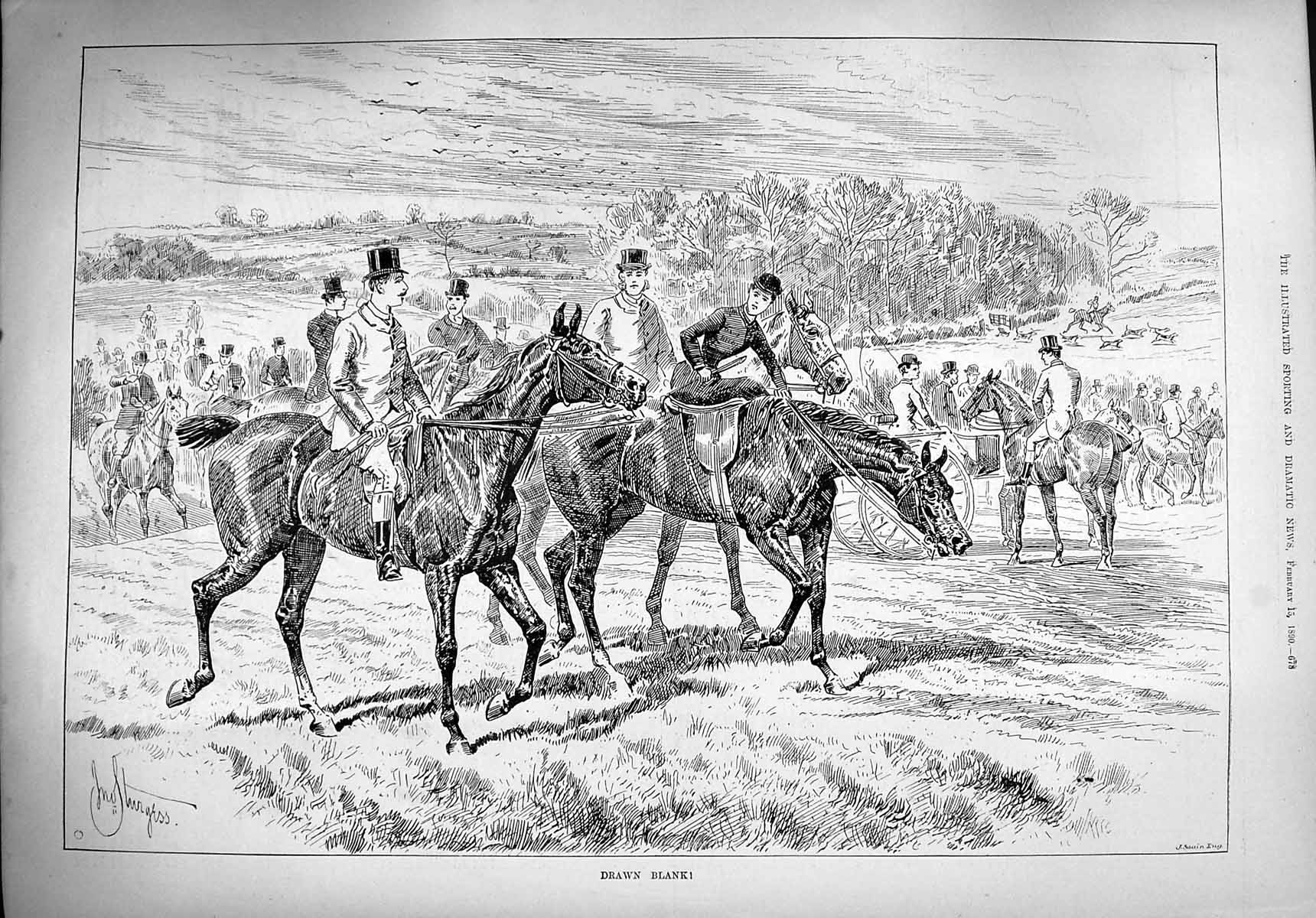 Original Old Antique Print 1890 Hunting Scene Sport Horses Huntsmen Victorian