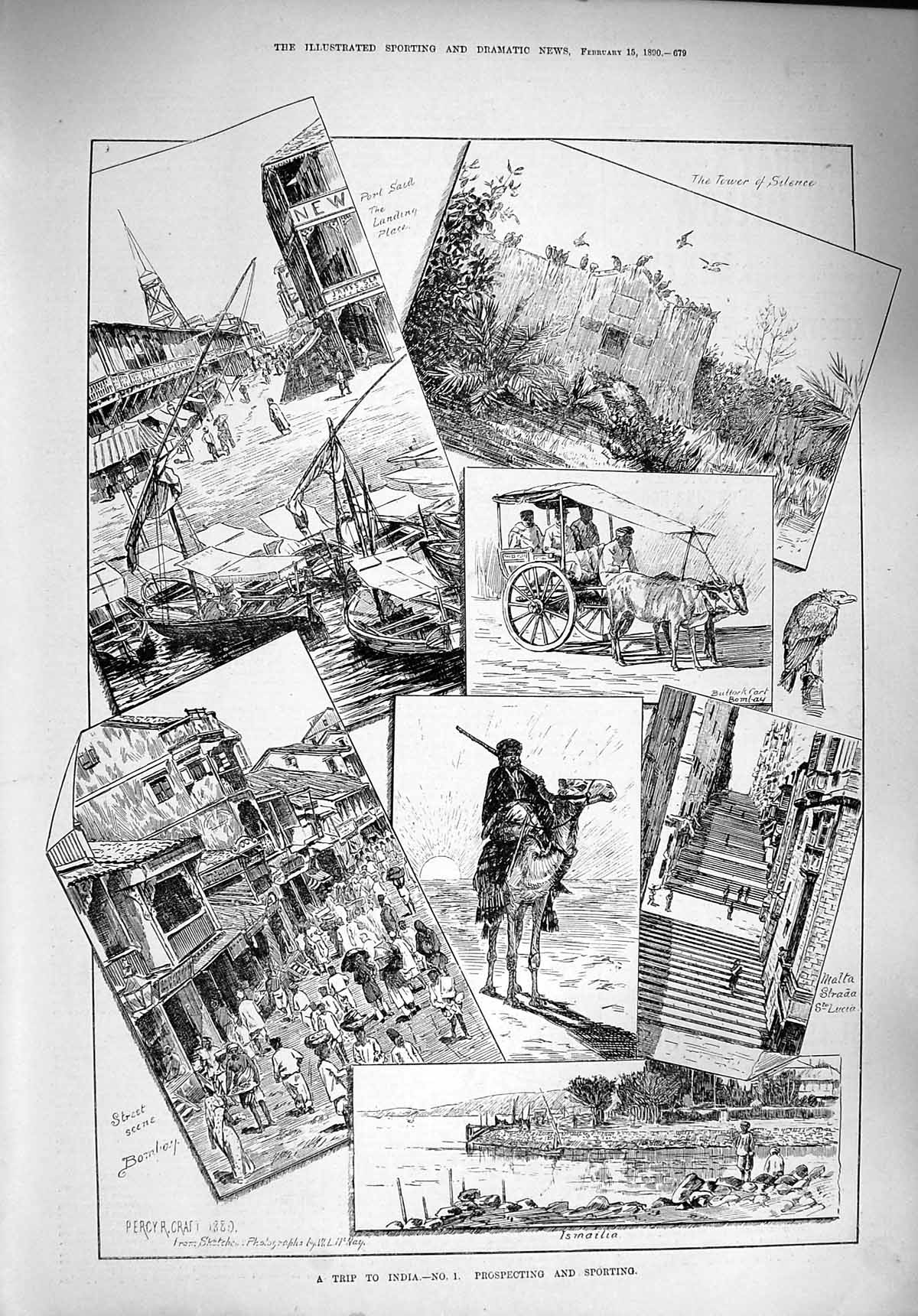 Original Old Antique Print 1890 India Street Scene Bombay Ismailia Bullock Cart