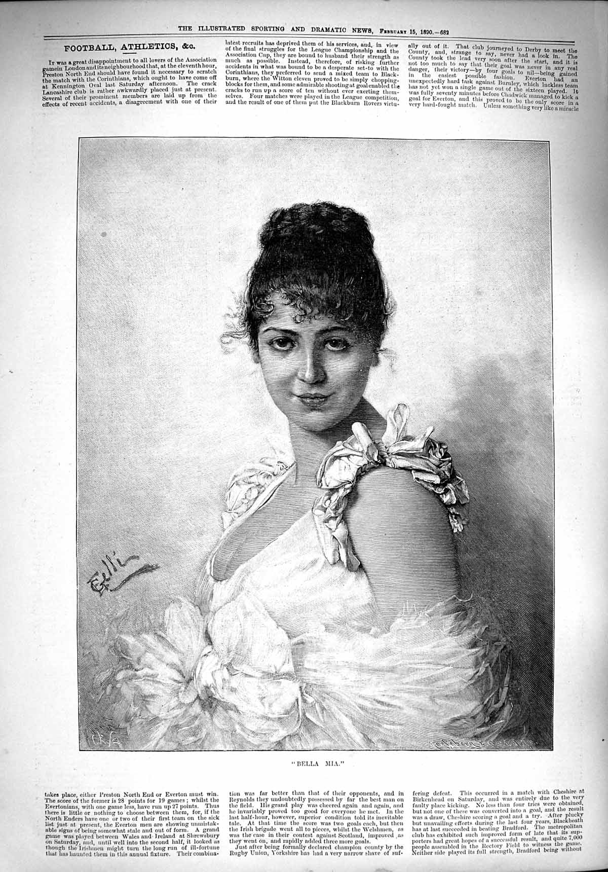 Original Old Antique Print 1890 Portrait Beautiful Lady Woman Bella Mia 19th