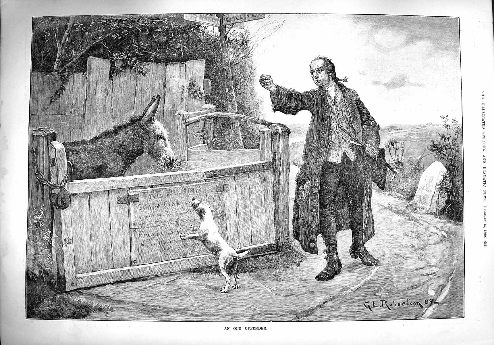 Original Old Antique Print 1890 Offender Man Donkey Dog Robertson Victorian