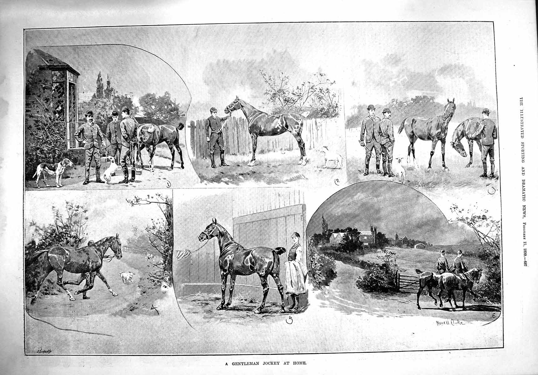 Original Old Antique Print 1890 Gentleman Jockey Home Horses Stables Dogs 19th