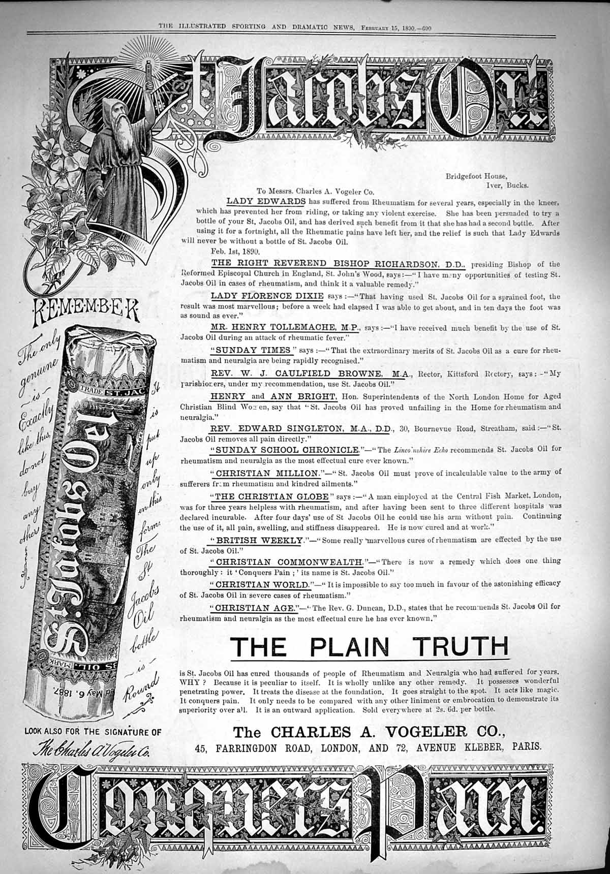Original Old Antique Print 1890 Advertisement Jacobs Oil Charles Vogeler London