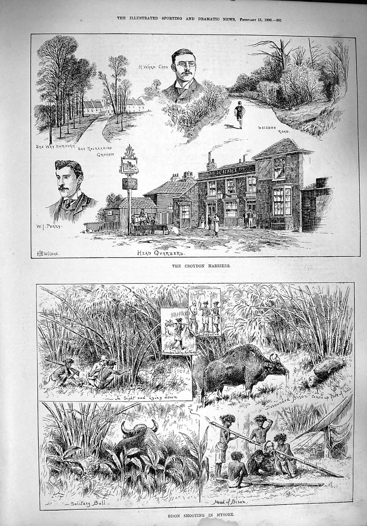 Original Old Antique Print 1890 Croydon Harriers Bison Shooting Mysore Hunting