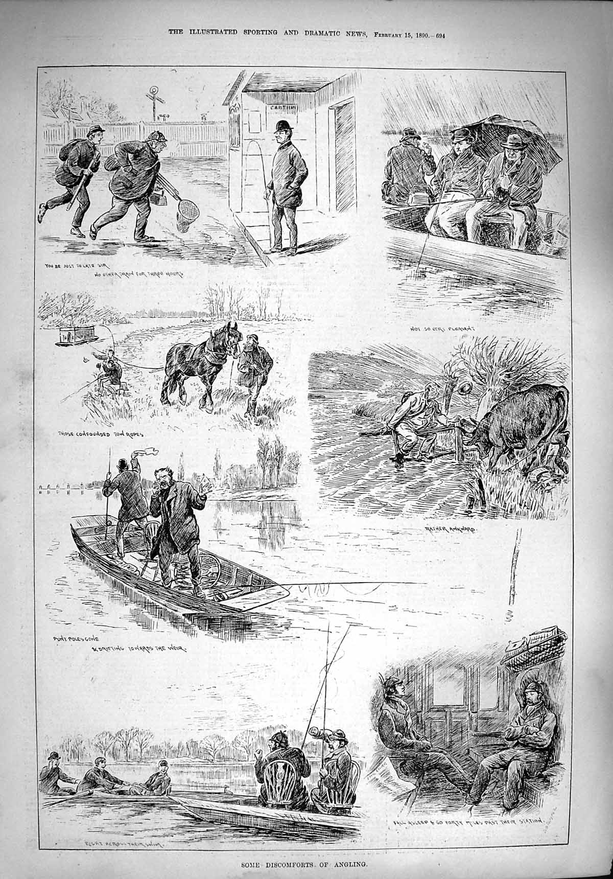 Old Antique Print 1890 Angling Fishing River Boat Anglers Train Railway 19th