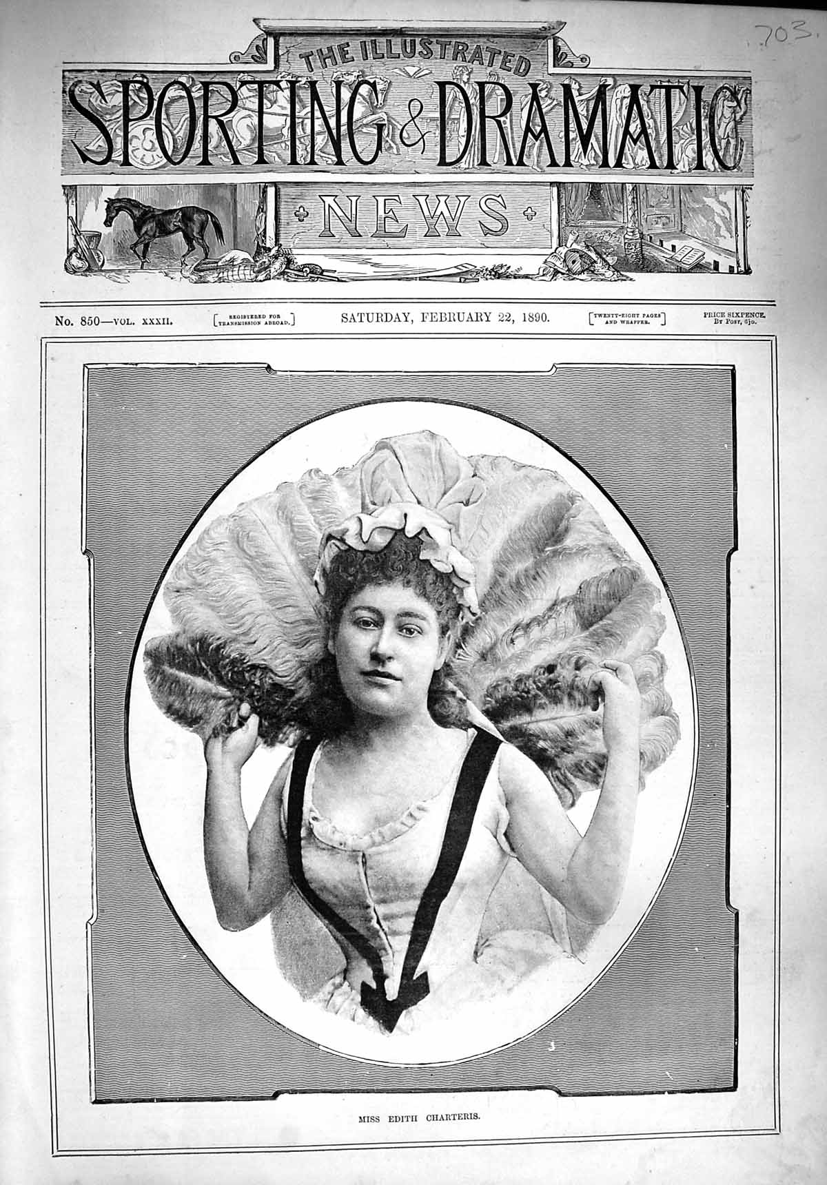 Original Old Antique Print 1890 Portrait Miss Edith Charteris Feathers 19th
