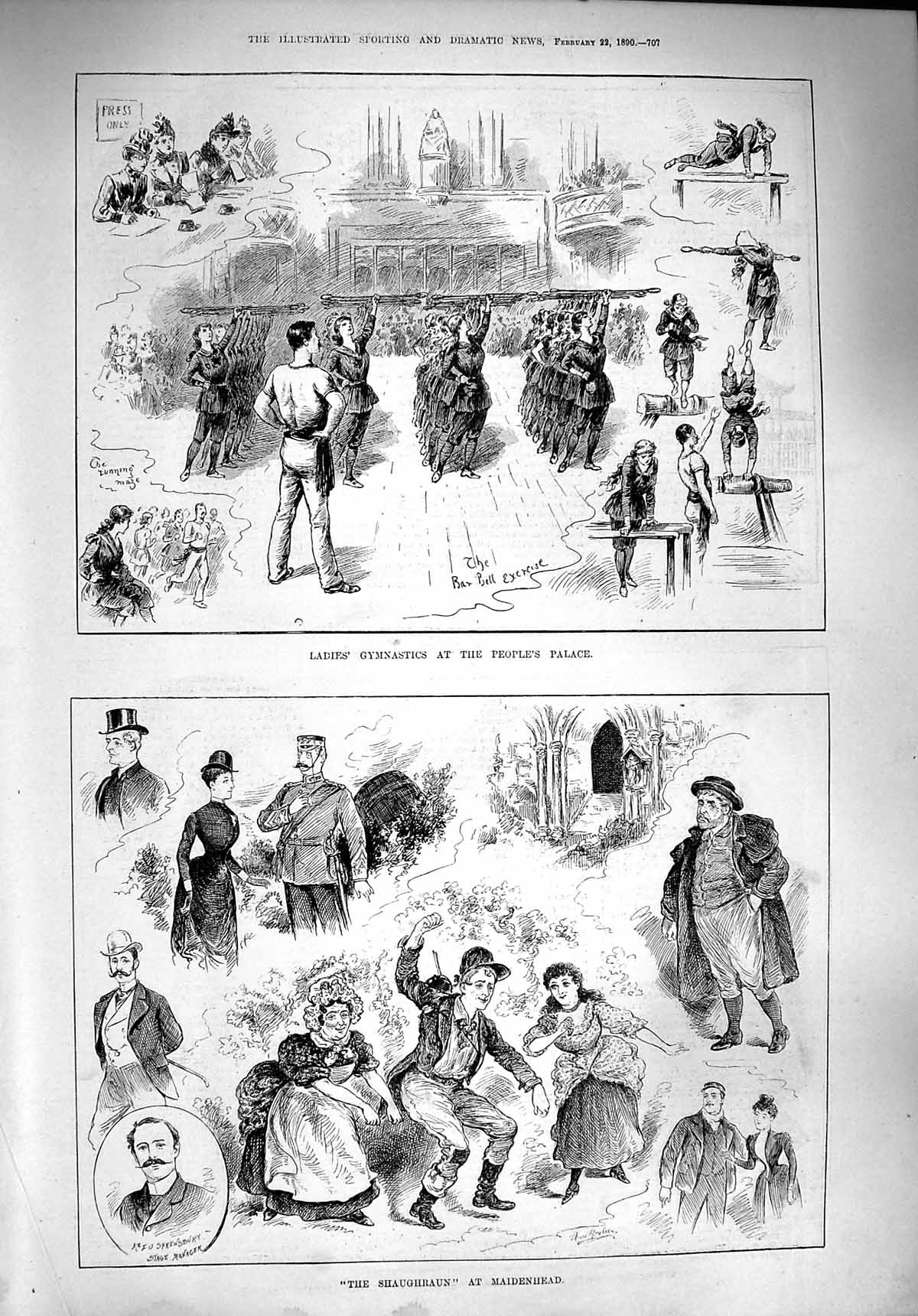 Original Old Antique Print 1890 Ladies Gymnastics People'S Palace Shaughraun