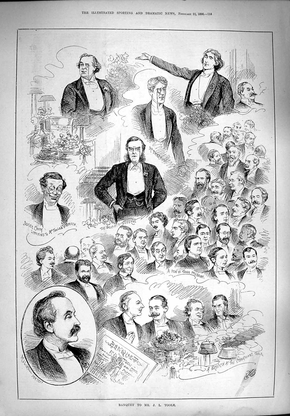 Original Old Antique Print 1890 Banquet Toole Lyell Caity Bancroft Men Meeting