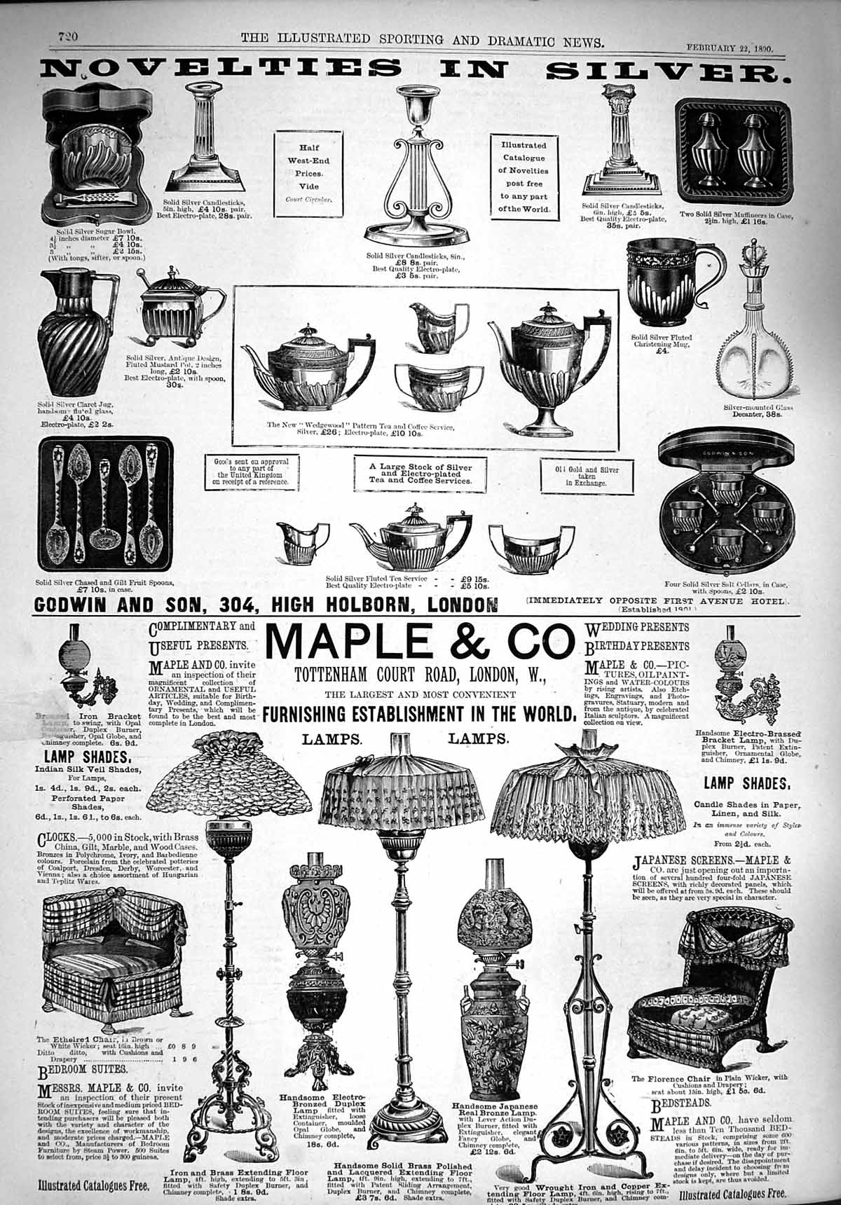 Old Antique Print 1890 Advertisement Maple Co Lamps Silver Godwin London 19th