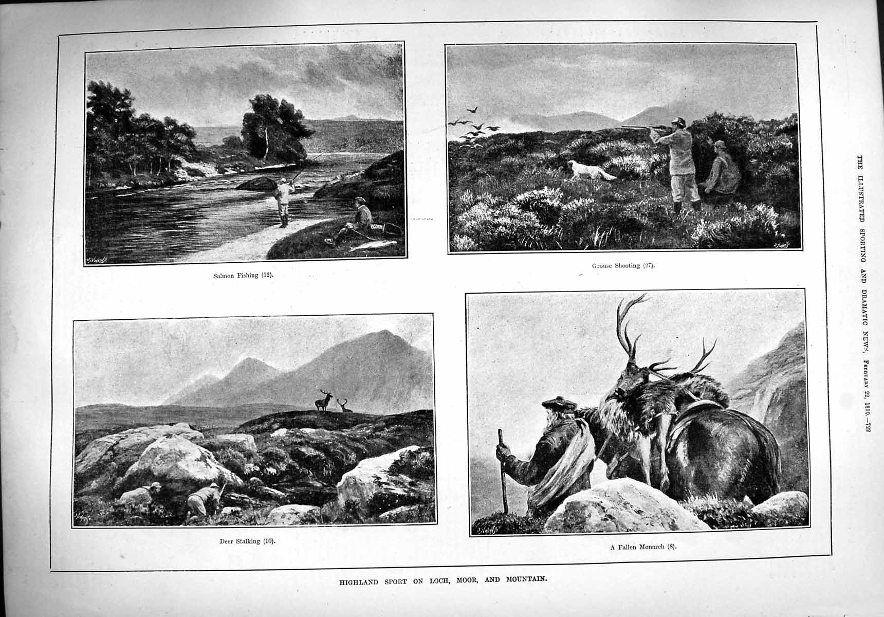 Old Antique Print 1890 Scotland Sport Loch Moor Grouse Shooting Fishing 19th