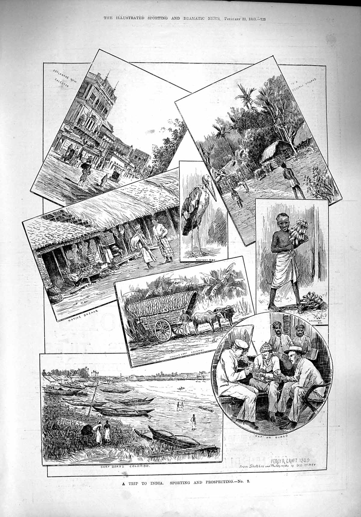 Original Old Antique Print 1890 India Native Bazaar Surf Boats Colombo Bullock