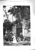Original Old Antique Print 1890 Fine Art Gate Distinguished Visitor Romance