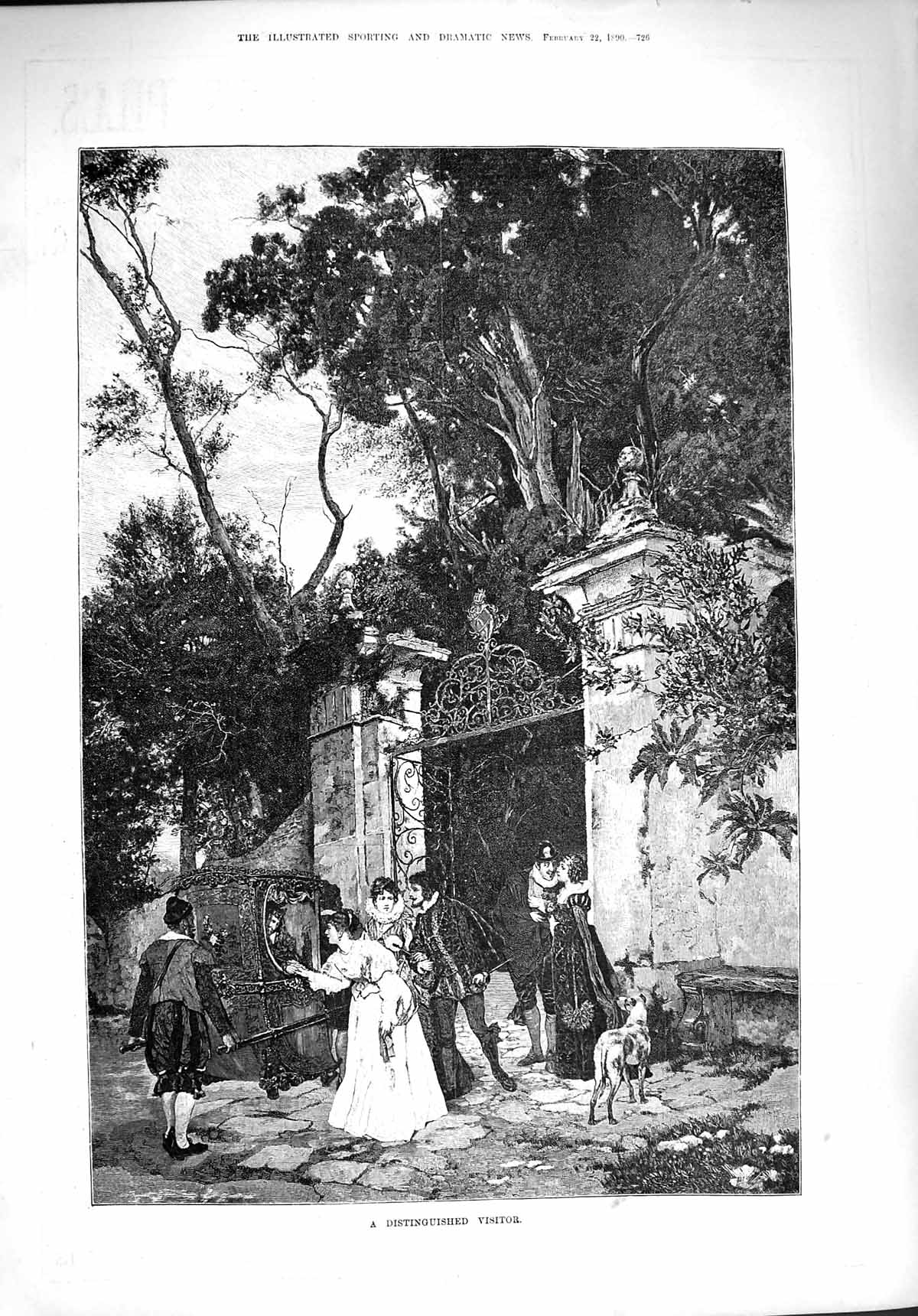 Original Old Antique Print 1890 Fine Art Gate Distinguished Visitor Romance