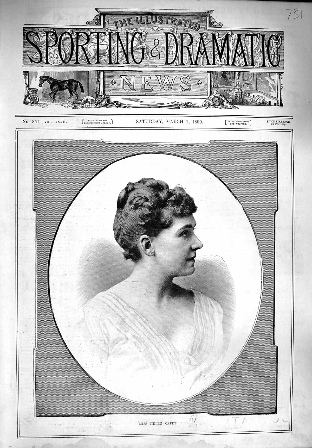 Original Old Antique Print 1890 Portrait Miss Helen Capet Beautiful Lady 19th