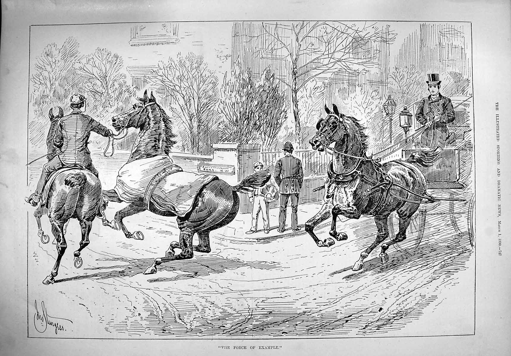 Old Antique Print 1890 Force Example Horses Runnaway Coach Street Scene 19th