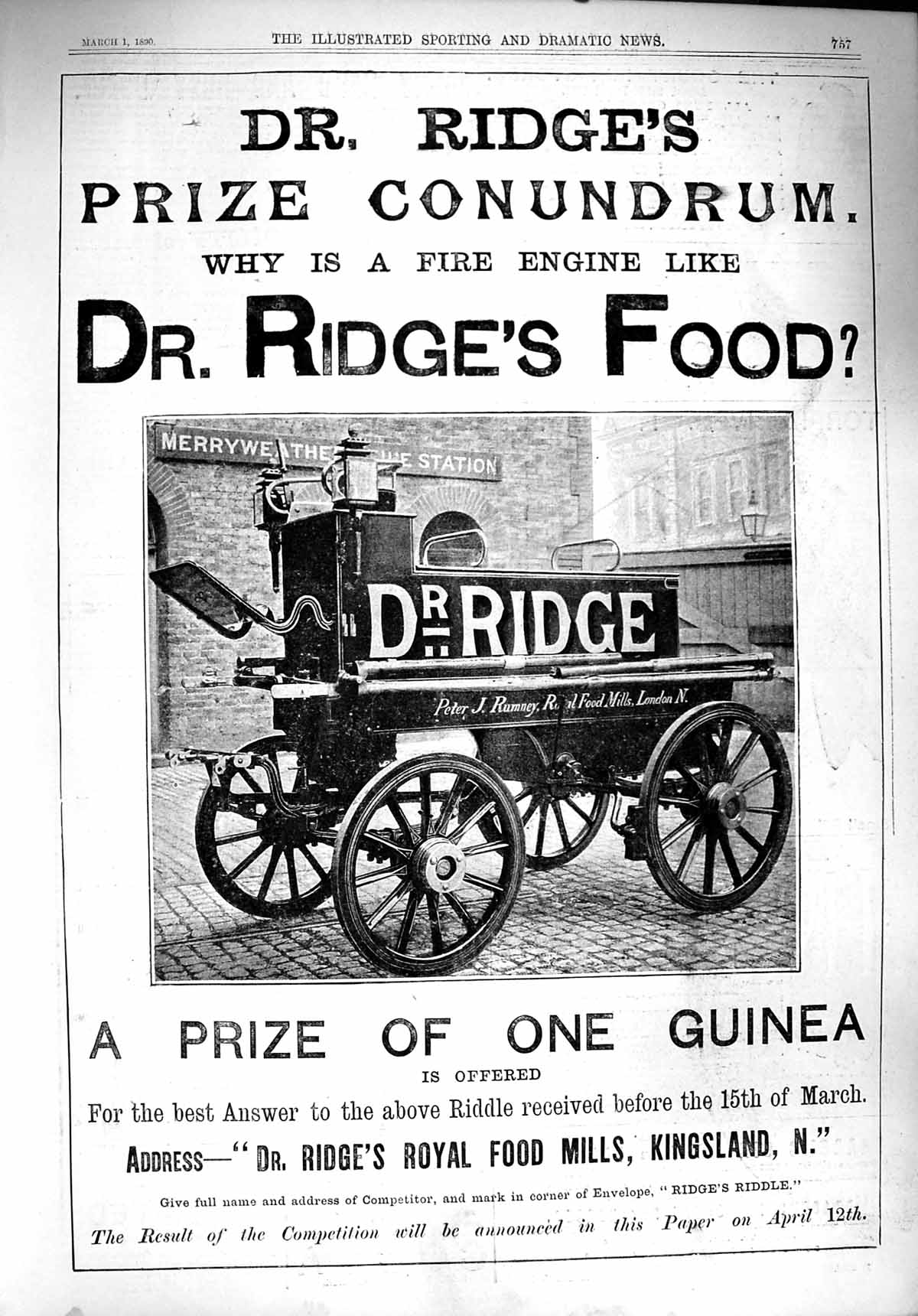 Old Antique Print 1890 Advertisement Ridge'S Royal Food Mills Kingsland 19th