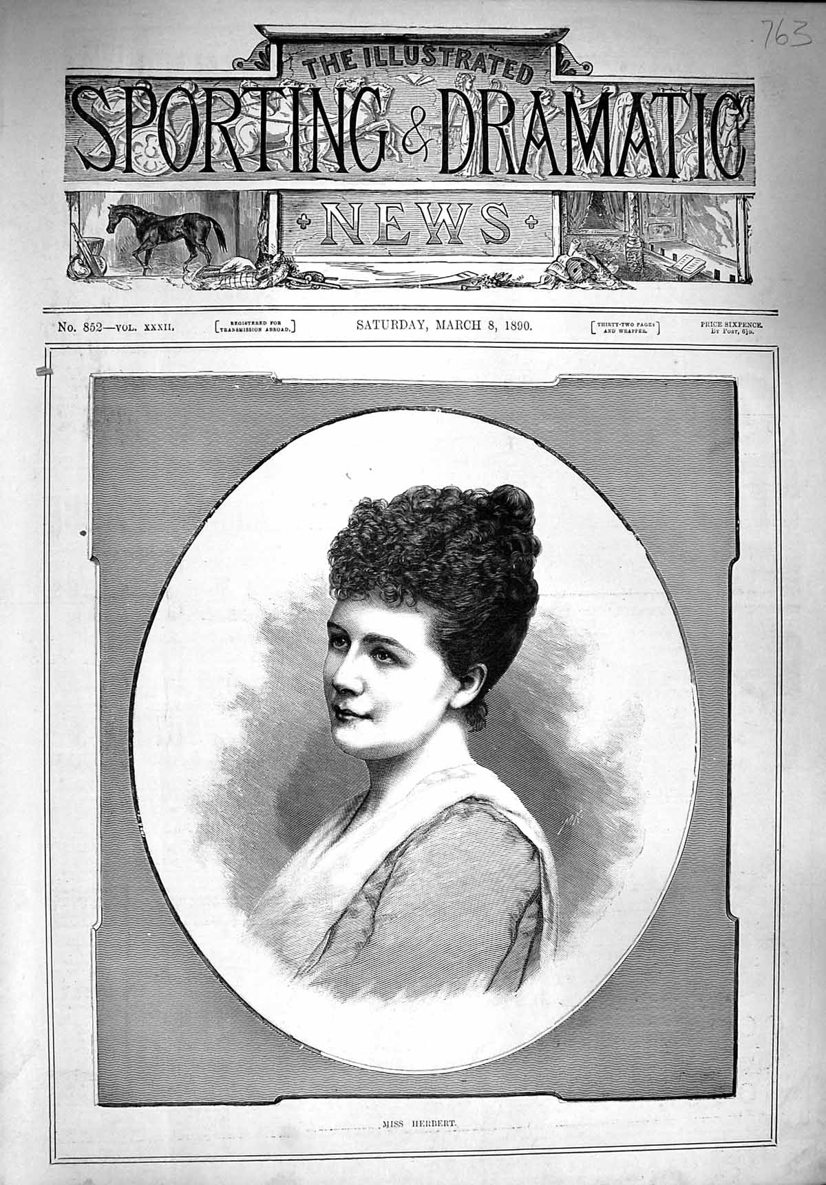 Original Old Antique Print 1890 Portrait Miss Herbert Beautiful Woman Victorian