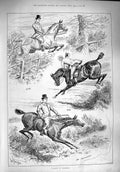 Original Old Antique Print 1890 Hunting Horses Jumping Huntsmen Countryside