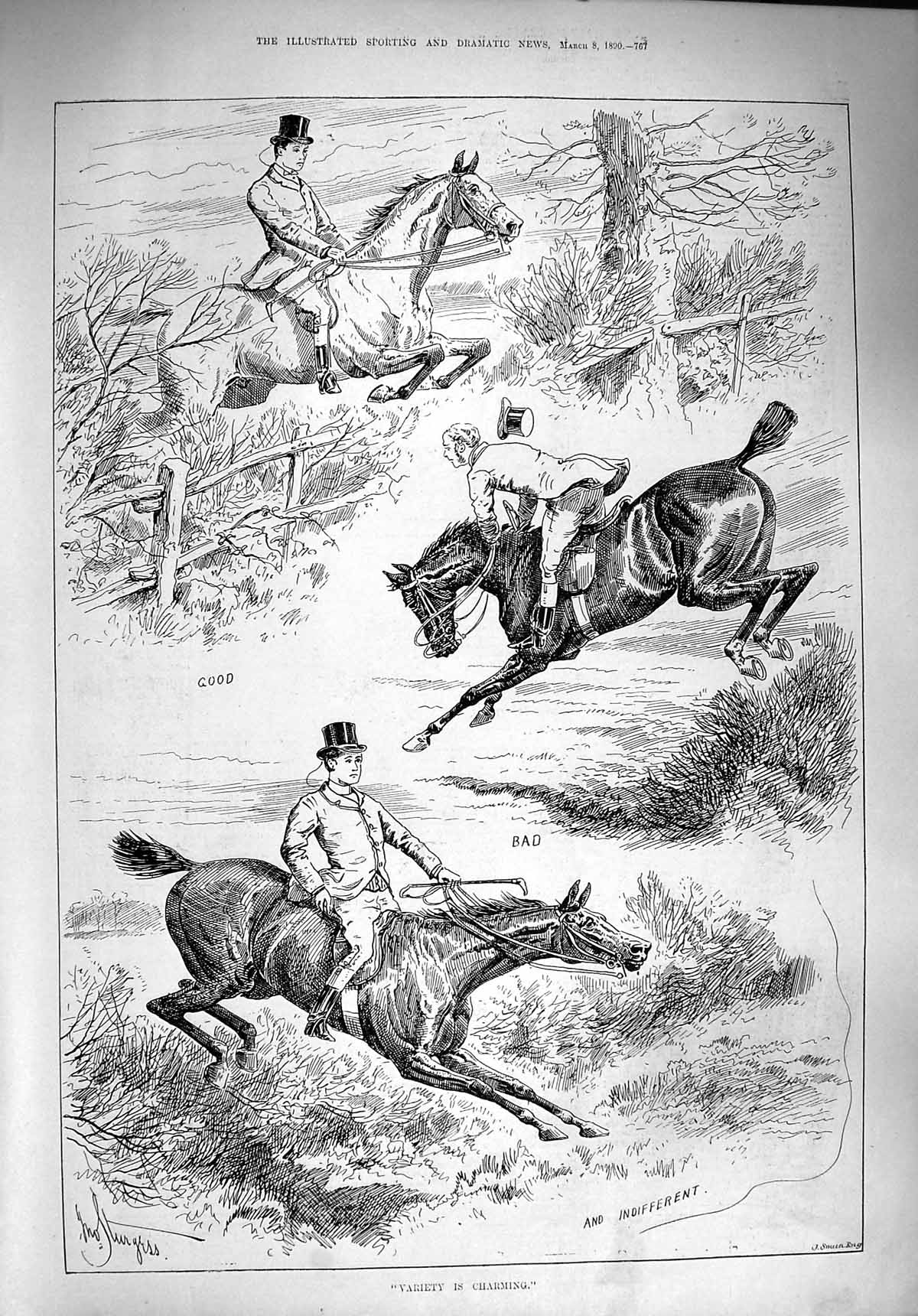 Original Old Antique Print 1890 Hunting Horses Jumping Huntsmen Countryside