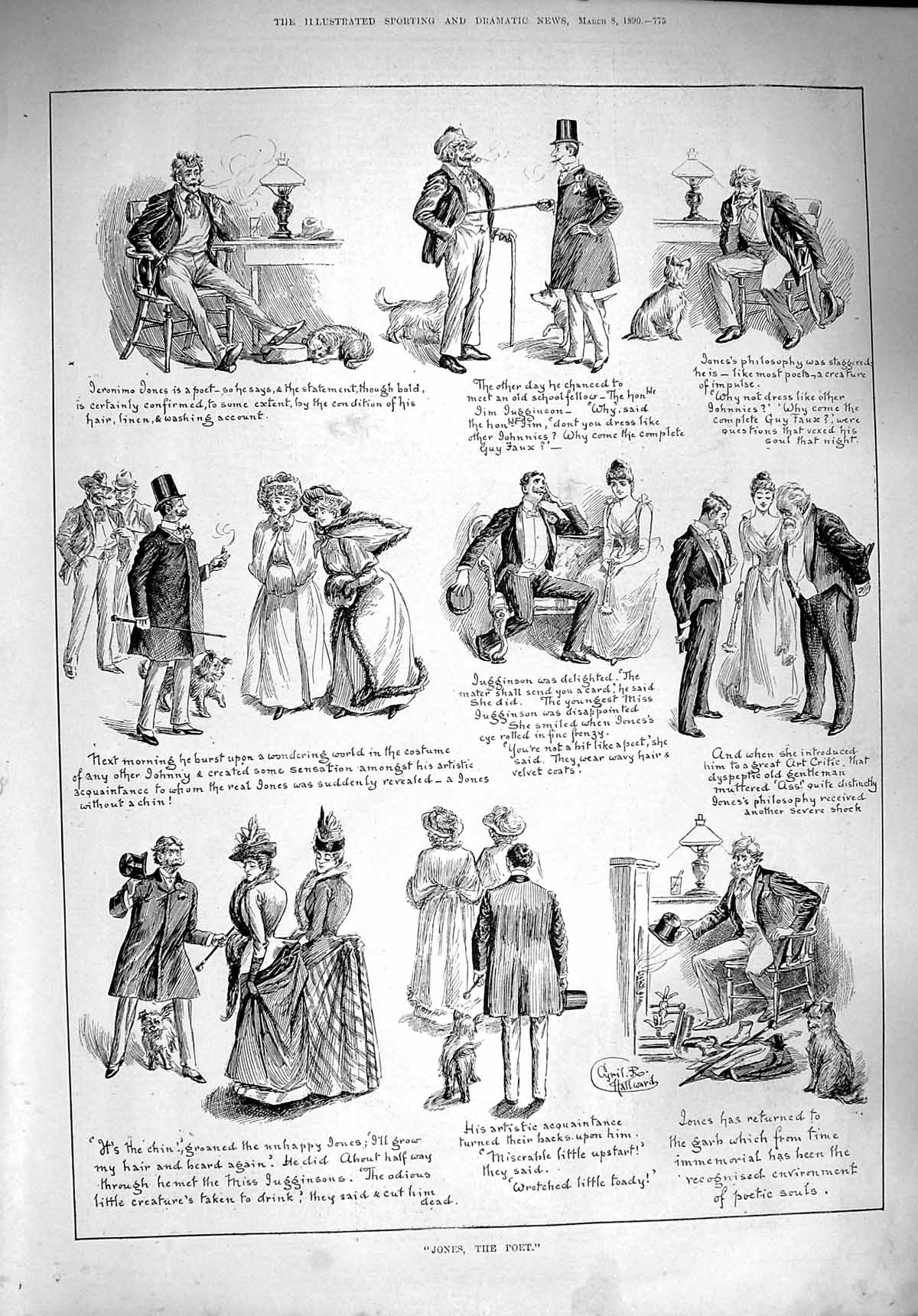 Original Old Antique Print 1890 Jones Poet Story Illustration Romance Man Lady