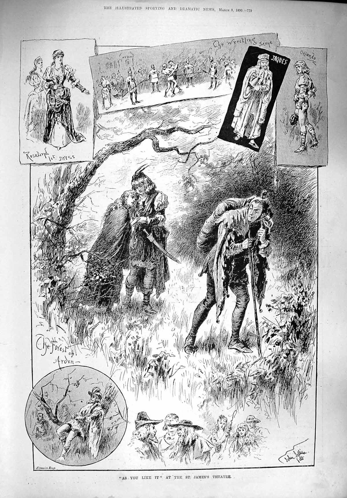 Original Old Antique Print 1890 As You Like It St. James'S Theatre Actors Arden
